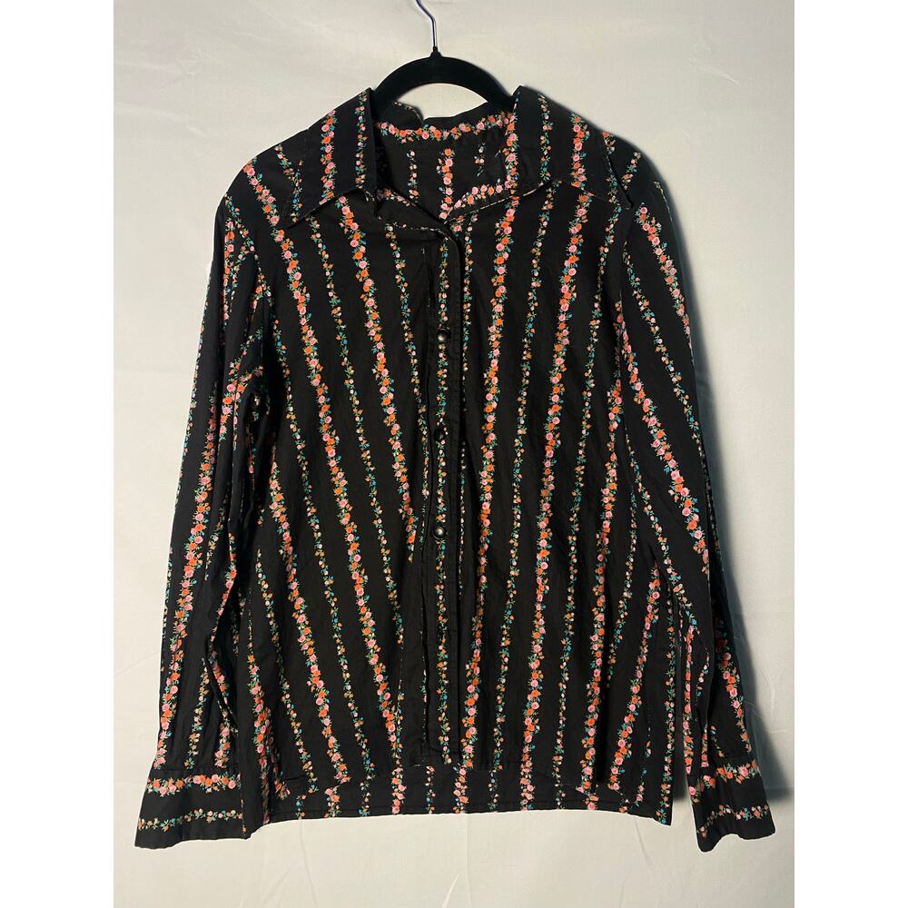 Vintage Black Button-Up w/ Pink Floral Stripes Long Sleeve Shirt Women's Size XL